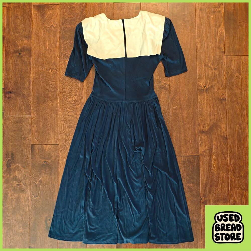 Vintage 80s Sz 6 Joanie Char Navy Sailor Lace Up Cotton Linen Midi Dress Blue - Picture 2 of 5